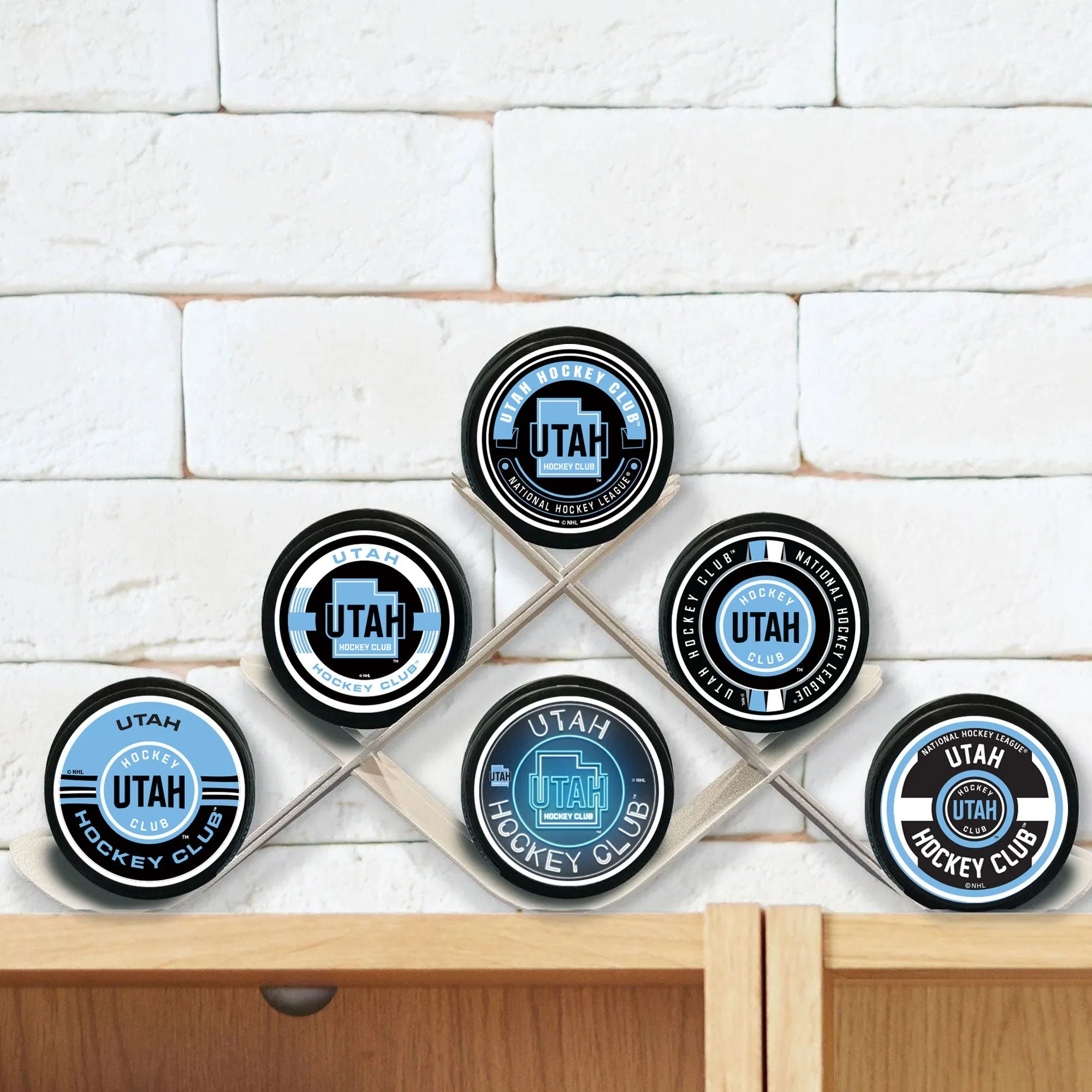 Sports Decor Utah Hockey Club Puck Set with Metal Stand (7-Piece)