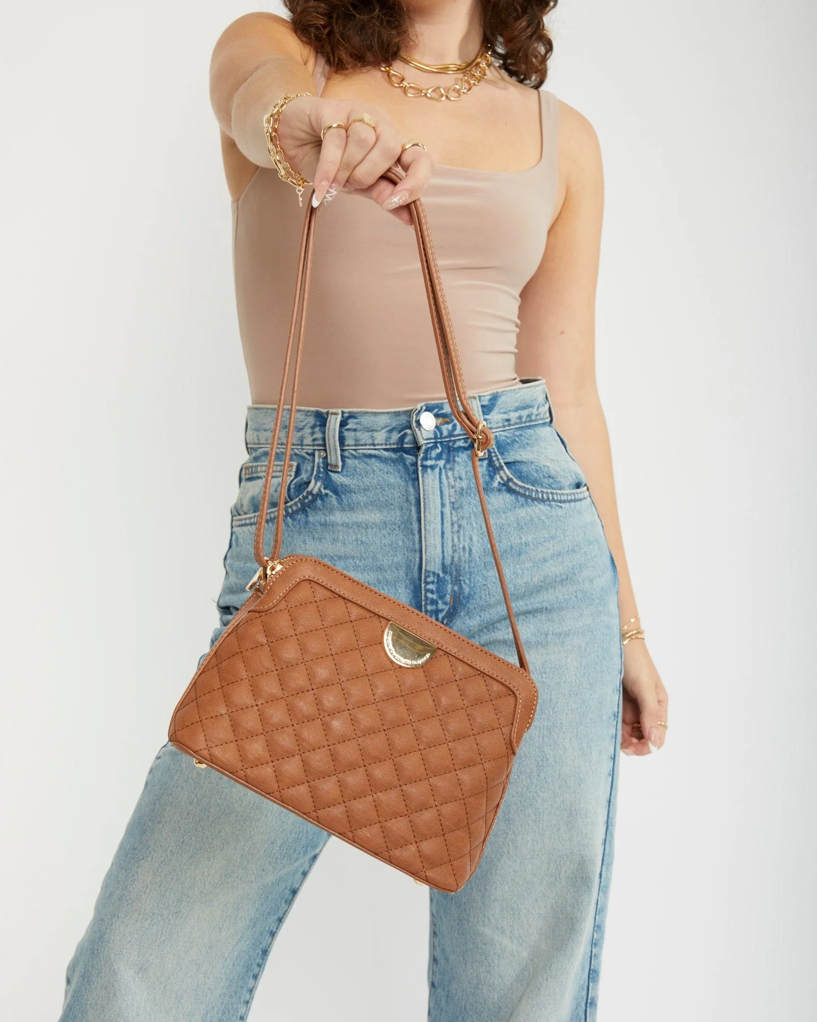 Tan Joanna Quilt Crossbody Bag