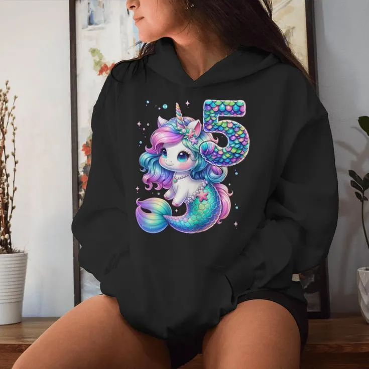 Unicorn Mermaid 5Th Birthday 5 Year Old Party Girls Outfit Women Hoodie