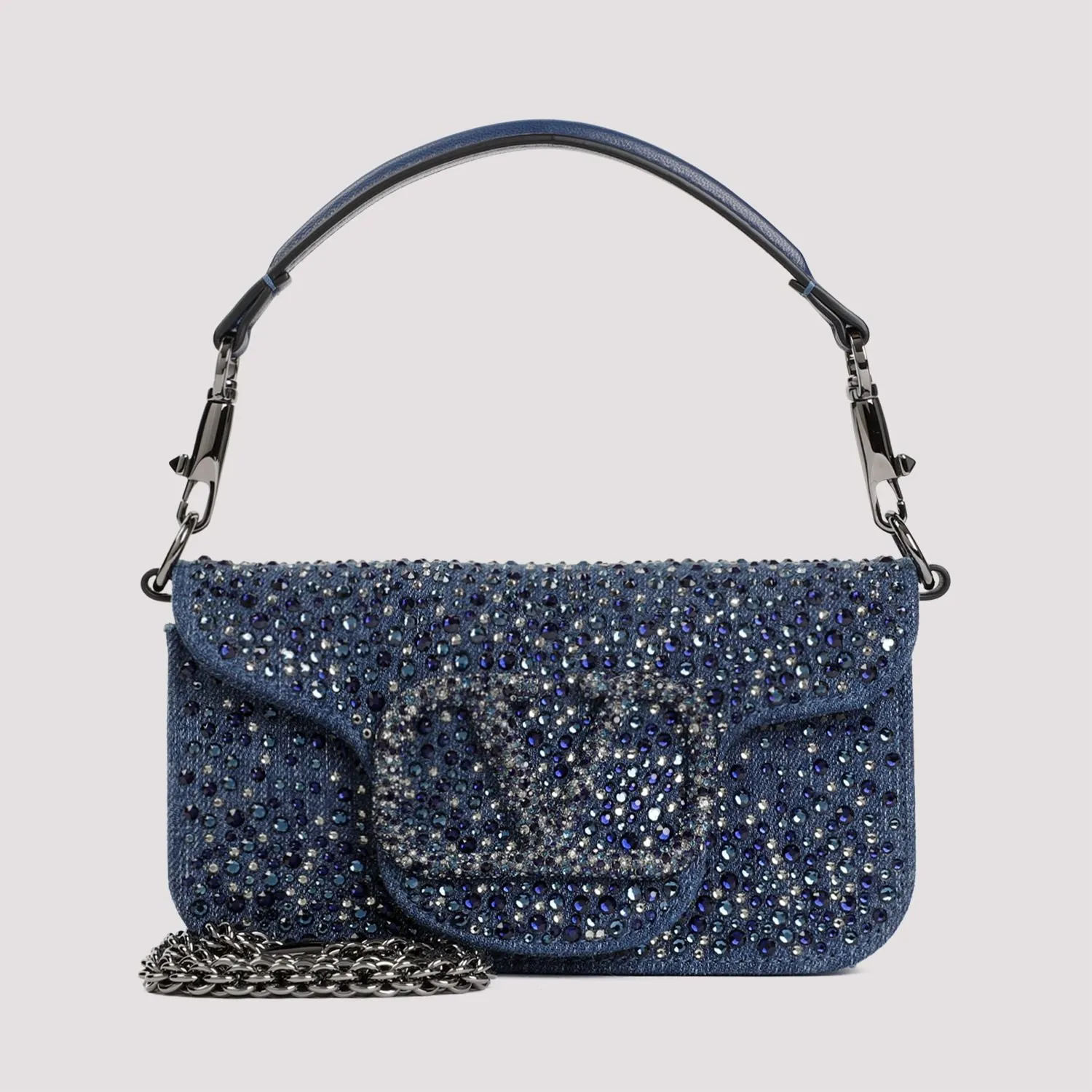 VALENTINO GARAVANI Navy Cotton Strass Mini Shoulder Bag for Women W:7.7 H:3.9 D:2.4 SS24