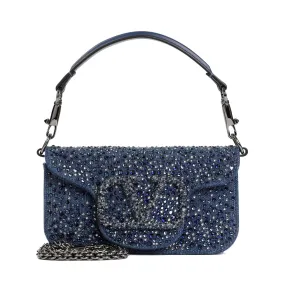 VALENTINO GARAVANI Navy Cotton Strass Mini Shoulder Bag for Women W:7.7 H:3.9 D:2.4 SS24