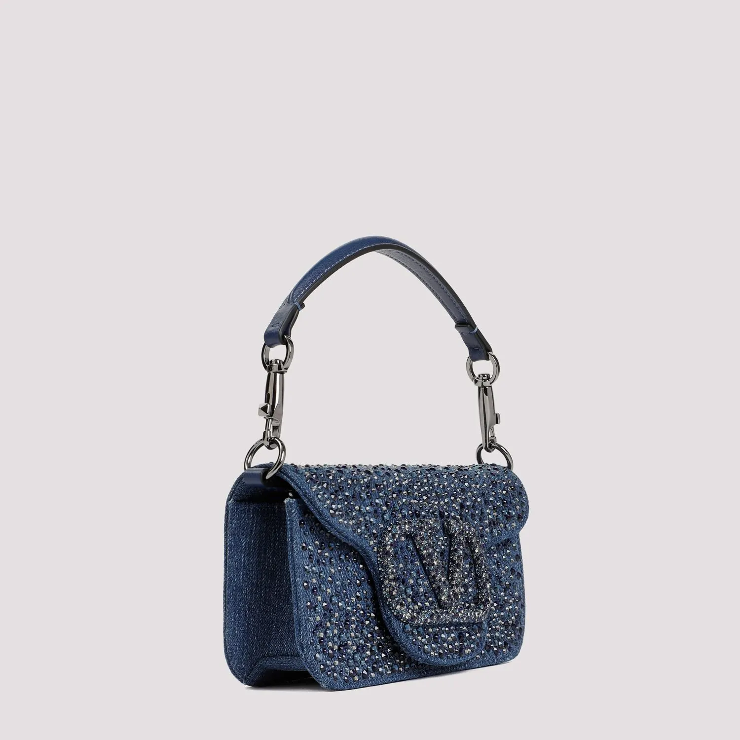 VALENTINO GARAVANI Navy Cotton Strass Mini Shoulder Bag for Women W:7.7 H:3.9 D:2.4 SS24