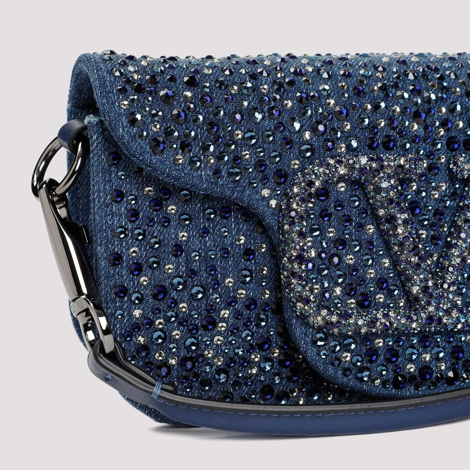 VALENTINO GARAVANI Navy Cotton Strass Mini Shoulder Bag for Women W:7.7 H:3.9 D:2.4 SS24