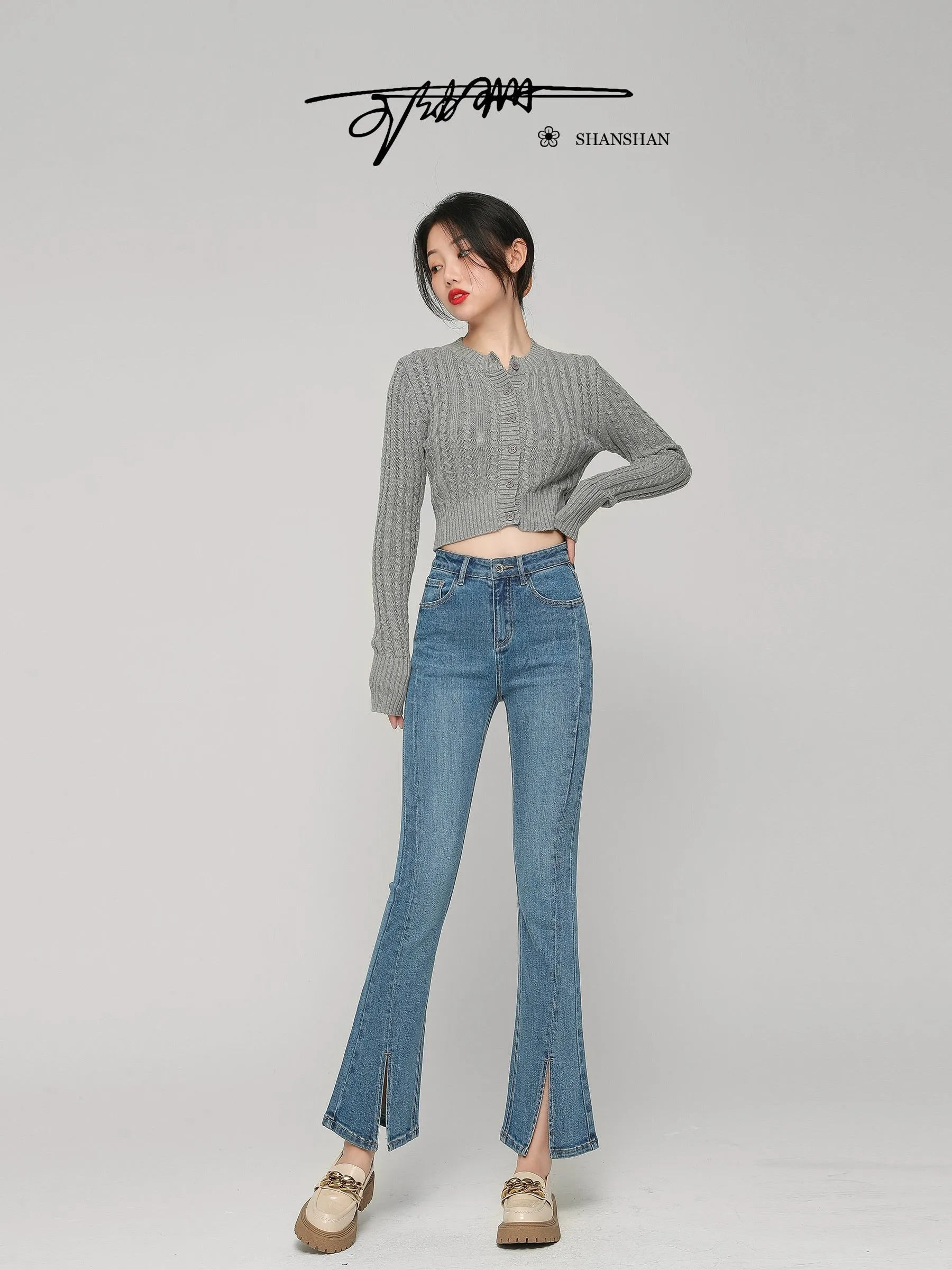 Wang Youshan slit jeans women's high-waisted nine-point flared pants spring new eight-point petite flared pants