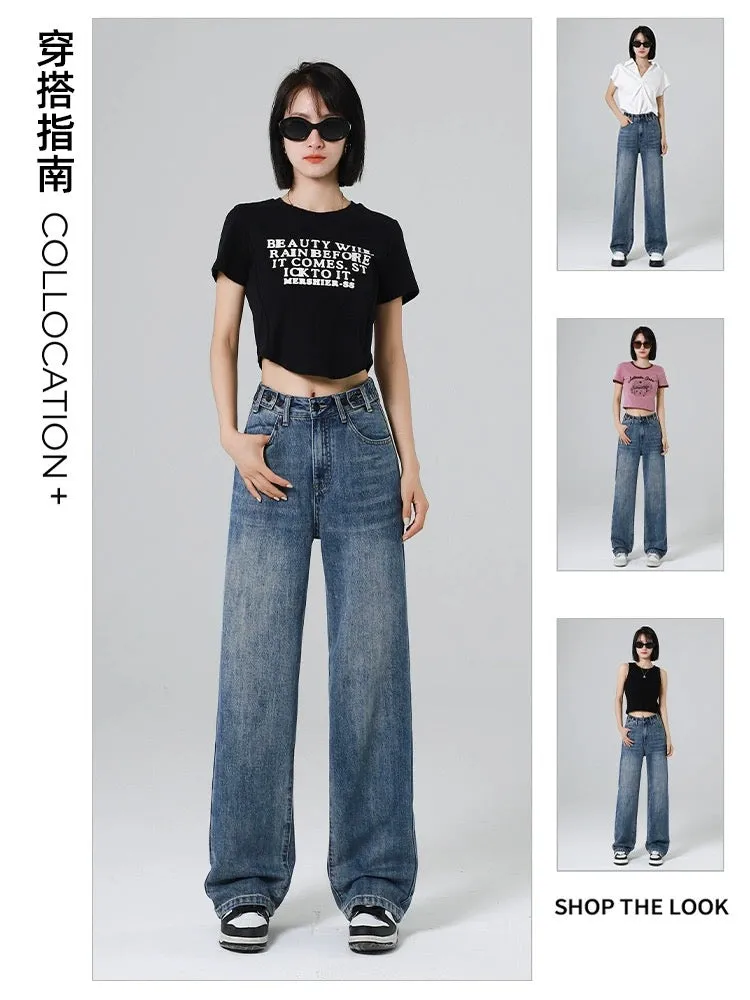 Western Master Hong Kong Style Wide Leg Jeans Women Autumn 2024 Spring New Straight Loose High Waist Mopping Pants