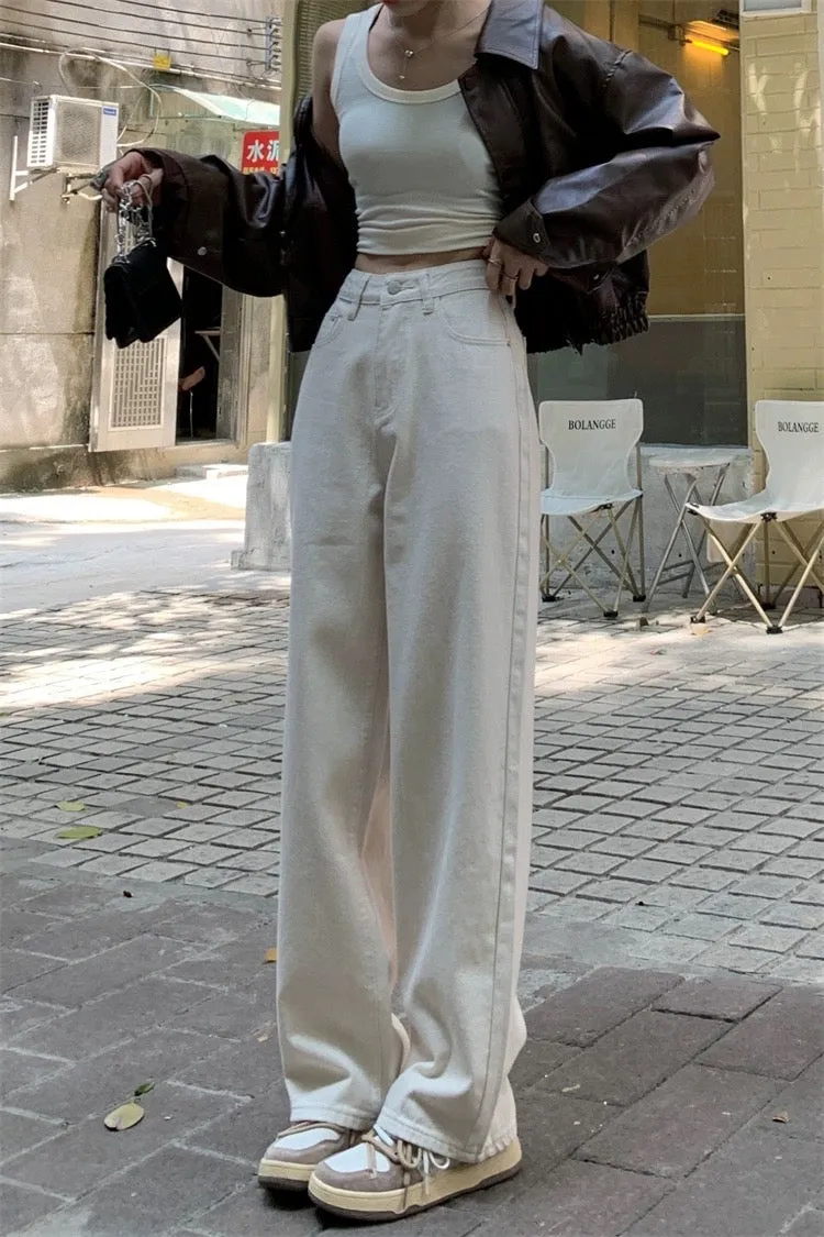 White high-waist jeans casual pants for women spring loose slimming drape floor-length straight pants wide-leg pants long pants