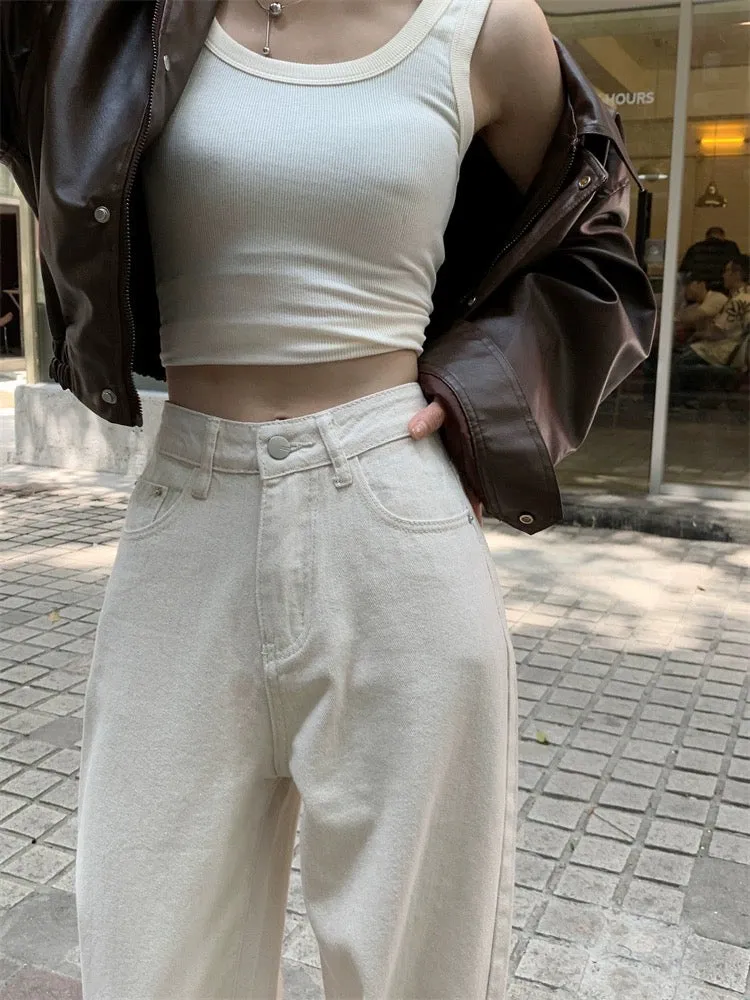 White high-waist jeans casual pants for women spring loose slimming drape floor-length straight pants wide-leg pants long pants