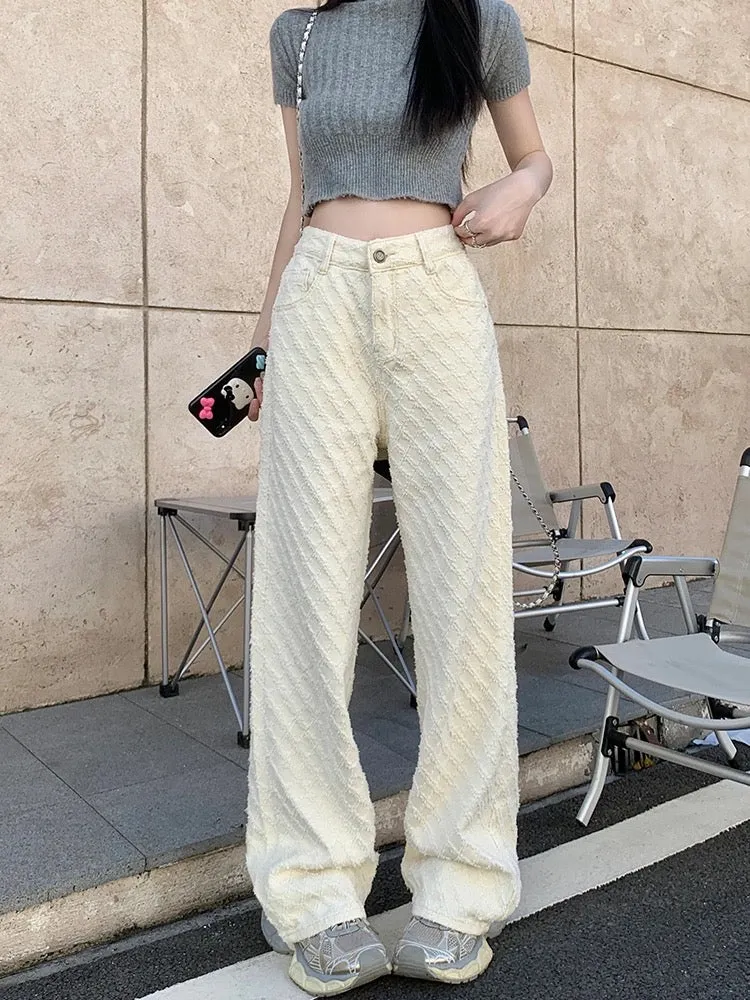 White loose new jacquard jeans casual pants for women early spring high-waisted straight pants floor-length wide-leg pants long 