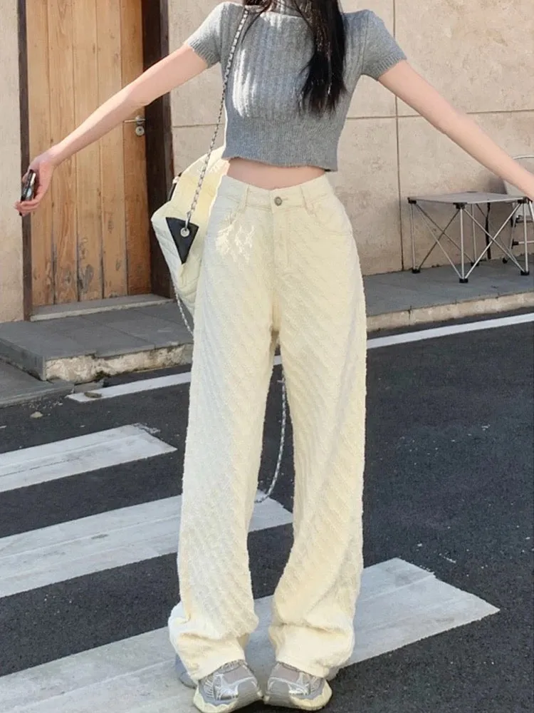 White loose new jacquard jeans casual pants for women early spring high-waisted straight pants floor-length wide-leg pants long 