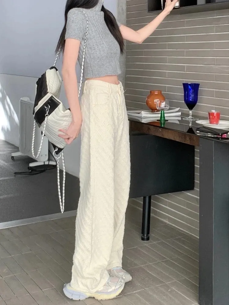 White loose new jacquard jeans casual pants for women early spring high-waisted straight pants floor-length wide-leg pants long 