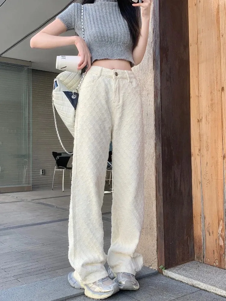 White loose new jacquard jeans casual pants for women early spring high-waisted straight pants floor-length wide-leg pants long 